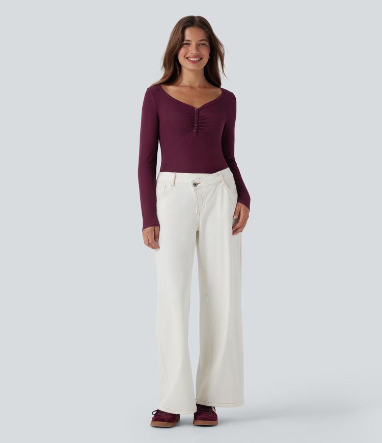 Haut tricoté à col Henley, manches longues et coupe décontractée