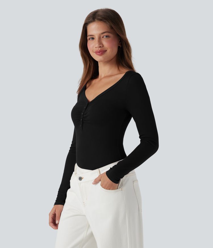 Ribbed Henley Neck Long Sleeve Casual Top