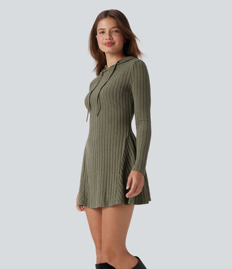 Ribbed Knit Hooded Drawstring Long Sleeve Mini Casual Dress