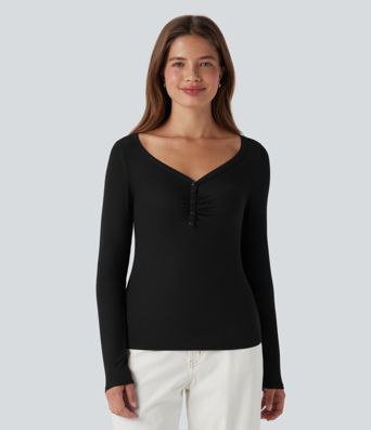 Ribbed Henley Neck Long Sleeve Casual Top