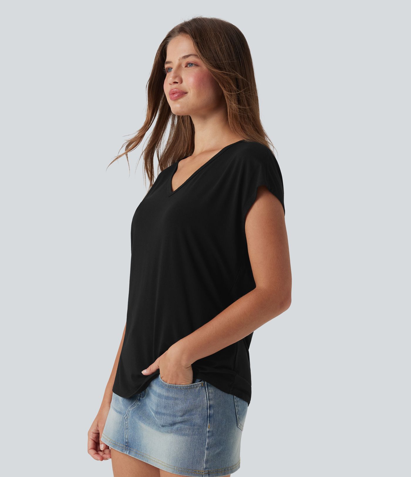 V Neck Short Sleeve Women Casual Crop T-Shirt