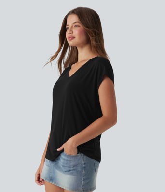V Neck Short Sleeve Women Casual Crop T-Shirt