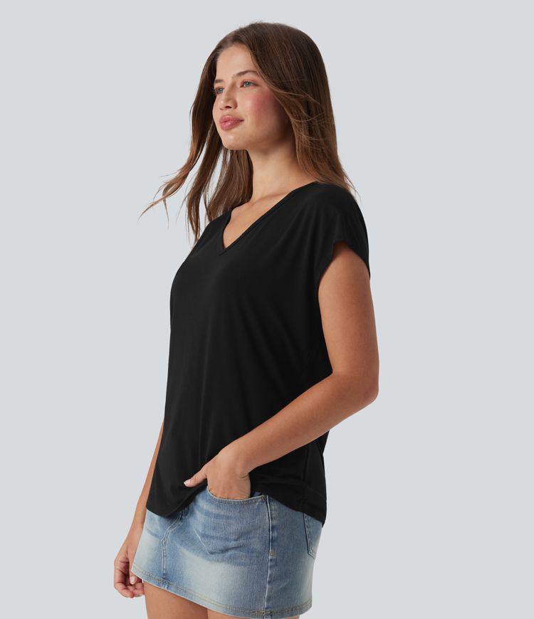 V Neck Short Sleeve Women Casual Crop T-Shirt