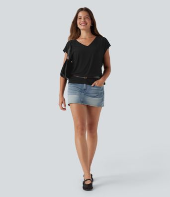 V Neck Short Sleeve Women Casual Crop T-Shirt