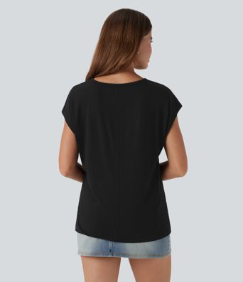 V Neck Short Sleeve Women Casual Crop T-Shirt