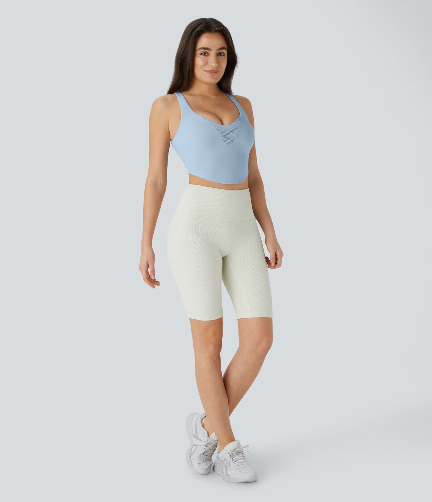  Softlyzero™ Airy, U-Ausschnitt-Tanktop mit überkreuztem Kontrast-Netzstoff, kurz, eng anliegend, Cool Touch