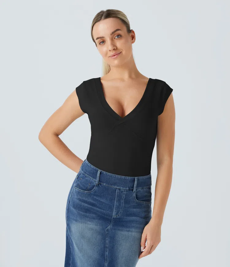 V-neck cap sleeve slim casual sports top