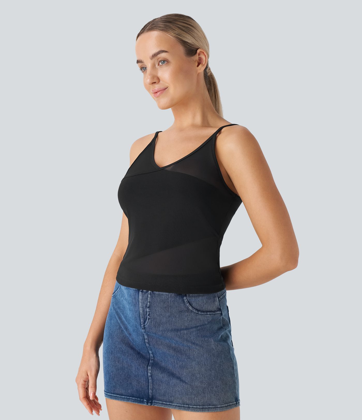 V Neck Contrast Mesh Skinny Casual Cami Top