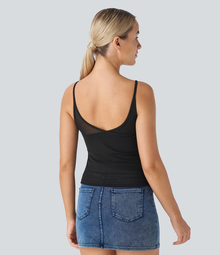 V Neck Contrast Mesh Skinny Casual Cami Top
