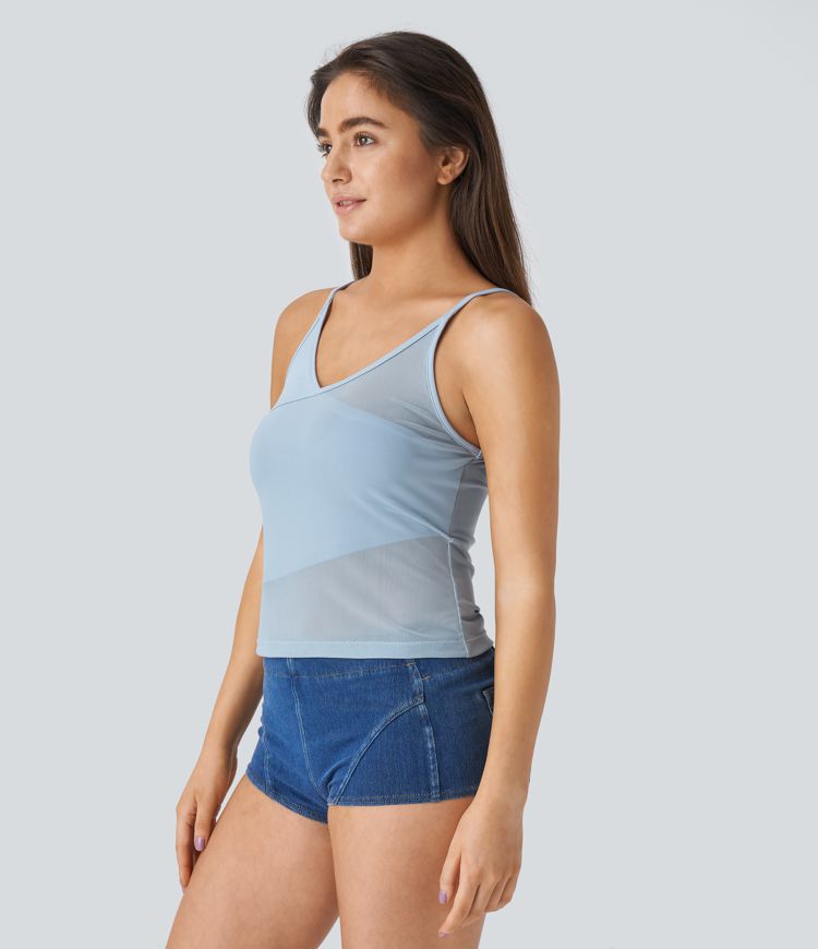 Top tirante ajustado malla contrastante sin espalda cuello V