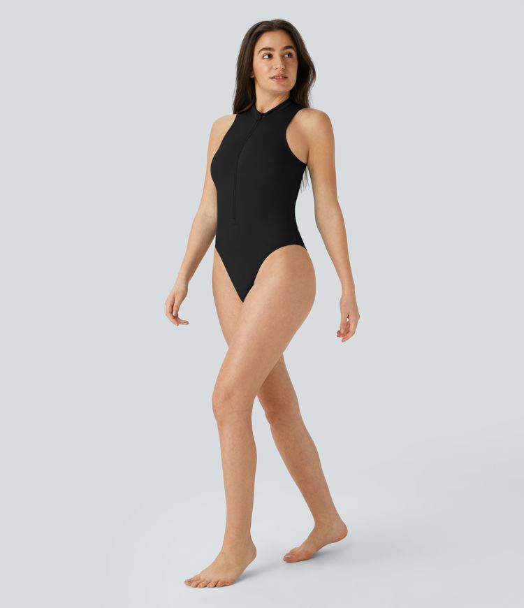 Stand Collar Sleeveless Zipper One Piece Swimsuit