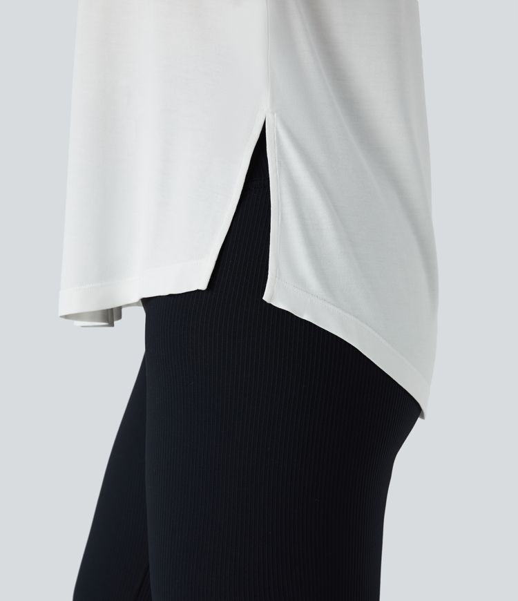 Top deportivo yoga cuello redondo manga enrollada dobladillo curvo dividido