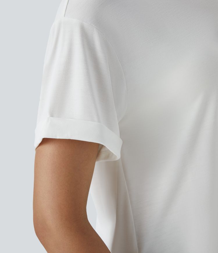 Top deportivo yoga cuello redondo manga enrollada dobladillo curvo dividido