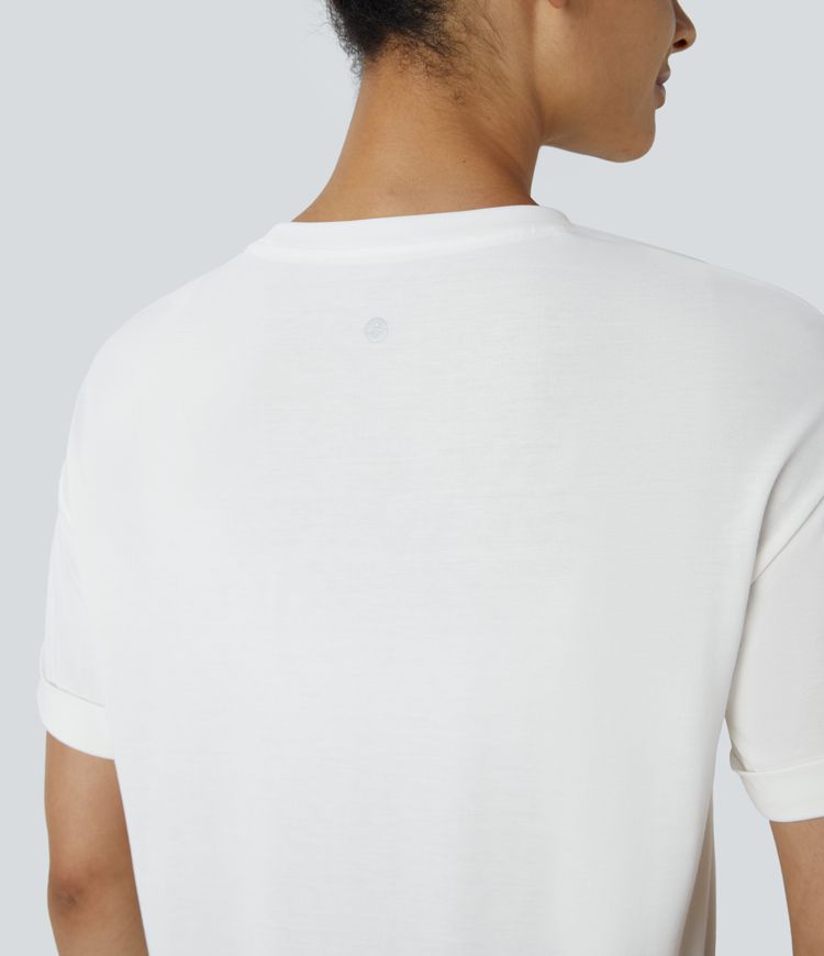 Top deportivo yoga cuello redondo manga enrollada dobladillo curvo dividido