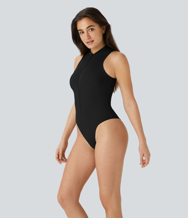 Stand Collar Sleeveless Zipper One Piece Swimsuit