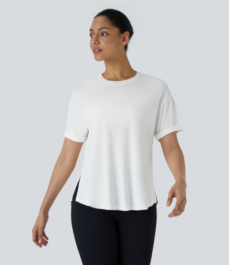 Top deportivo yoga cuello redondo manga enrollada dobladillo curvo dividido