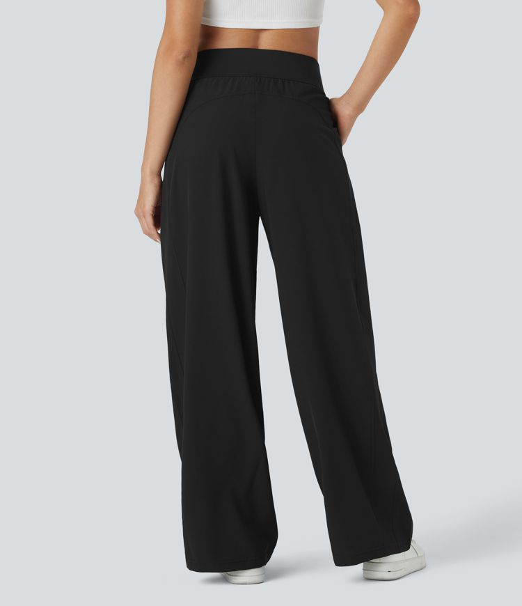 Mid Rise Pocket Wide Leg Casual Trousers