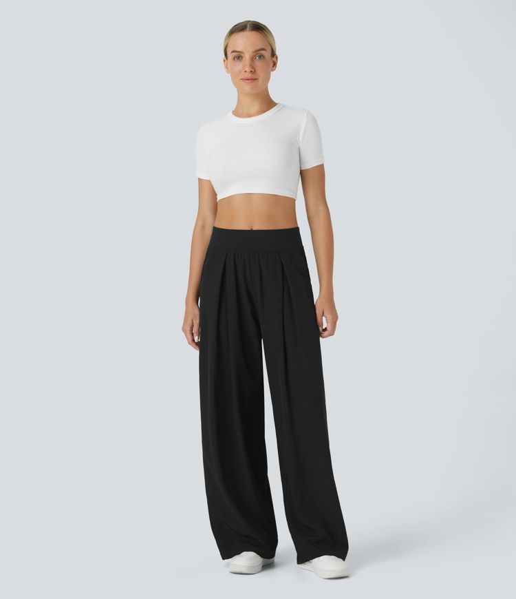Mid Rise Pocket Wide Leg Casual Trousers
