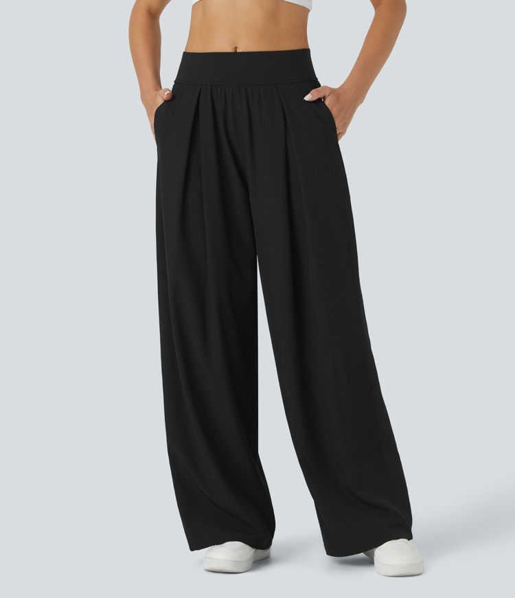Mid Rise Pocket Wide Leg Casual Trousers