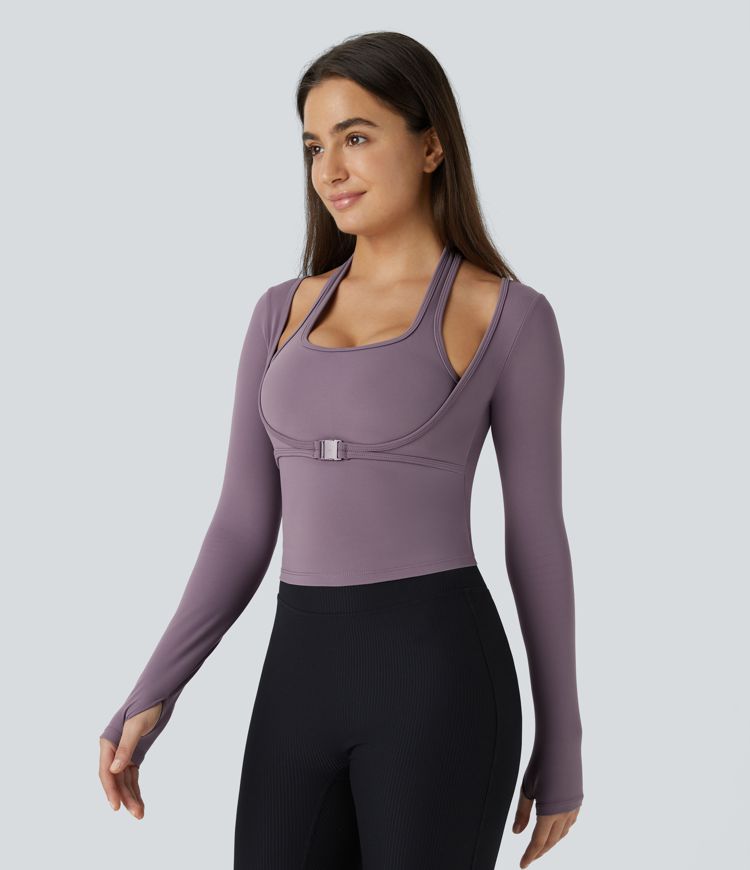 Top Softlyzero™ Plush deportivo yoga 2 en 1 manga larga abertura pulgar cuello halter