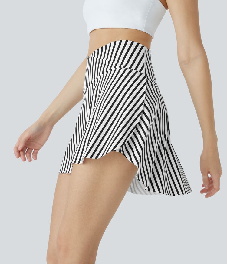 High Waisted Crossover 2-in-1 Side Pocket Striped Mini Tennis Skirt