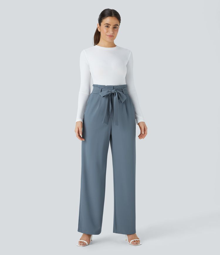 Paper Bag High Waisted Belted Pocket Wide Leg Work Pants