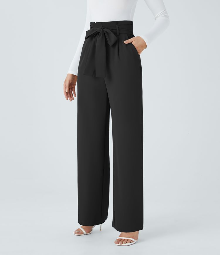 Paper Bag High Waisted Belted Side Pocket Wide Leg Work Trousers