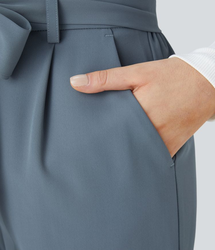 Paper Bag High Waisted Belted Pocket Wide Leg Work Pants