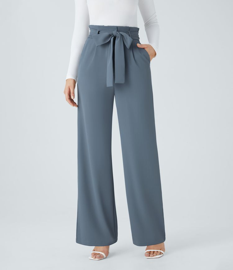 Paper Bag High Waisted Belted Side Pocket Wide Leg Work Pants