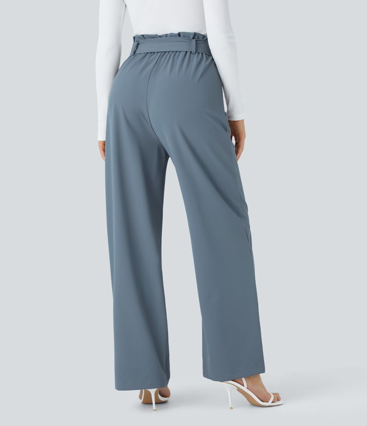 Paper Bag High Waisted Belted Side Pocket Wide Leg Work Pants