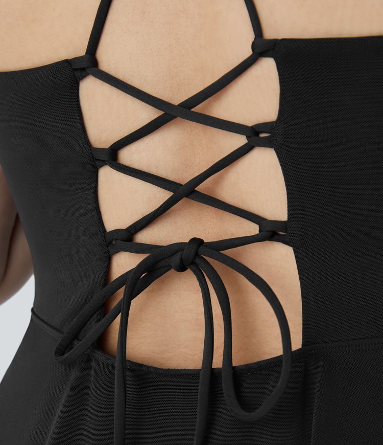 Lace Up 2-in-1 Pocket High Low Contrast Mesh Flowy Mini Dance Active Plus Size Dress