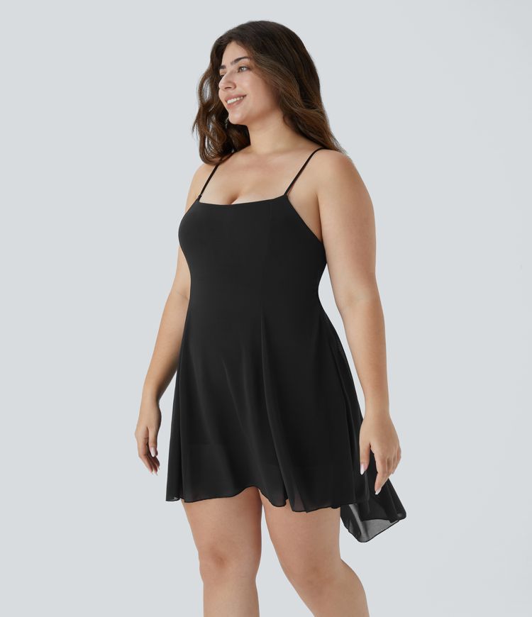 Lace Up 2-in-1 Pocket High Low Contrast Mesh Flowy Mini Dance Active Plus Size Dress