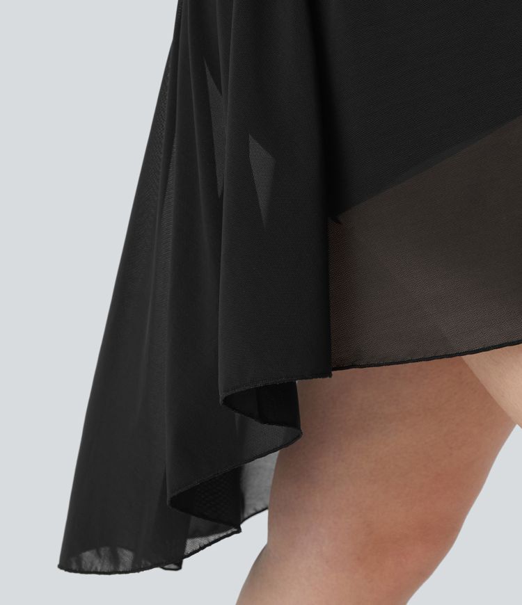 Lace Up 2-in-1 Pocket High Low Contrast Mesh Flowy Mini Dance Active Plus Size Dress