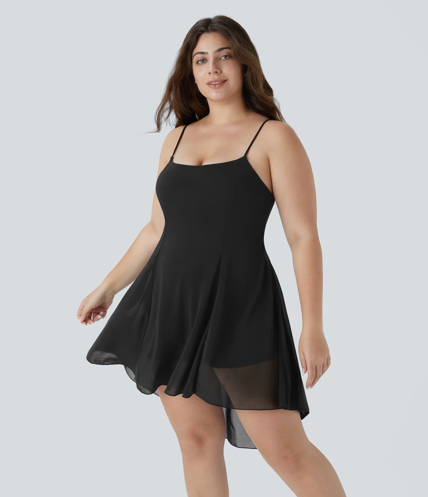 Lace Up 2-in-1 Pocket High Low Contrast Mesh Flowy Mini Dance Active Plus Size Dress