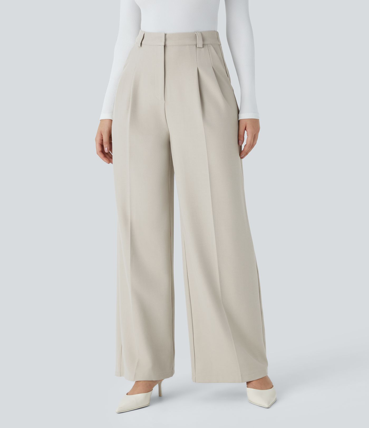 High Waisted Zipper Pocket Wide Leg Work Trousers