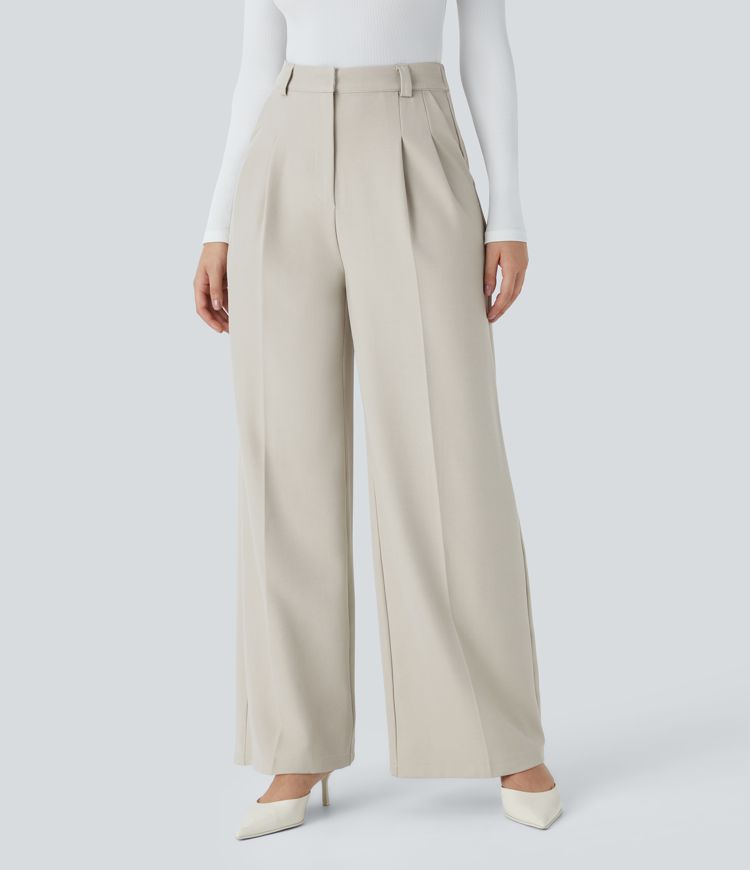 High Waisted Zipper Plicated Side Pocket Wide Leg Work Pants