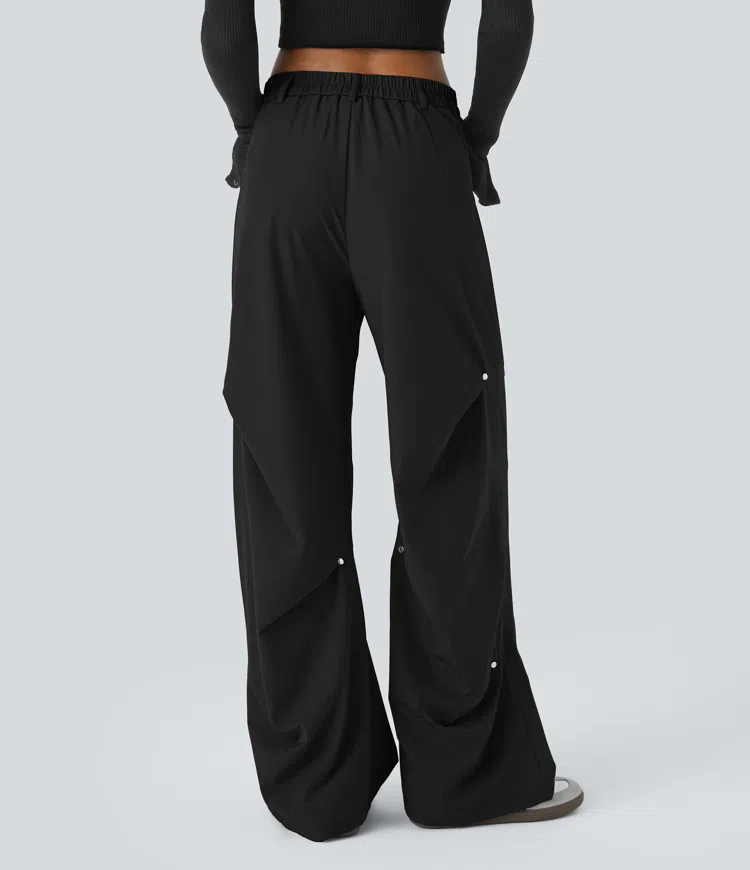 Mid Rise Zipper Pocket Casual Parachute Pants
