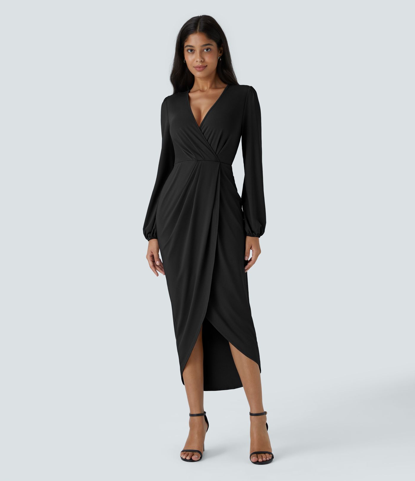 Robe de Soirée Mi-longue à Col V, Manches Longues, Plis et Ourlet Tulipe