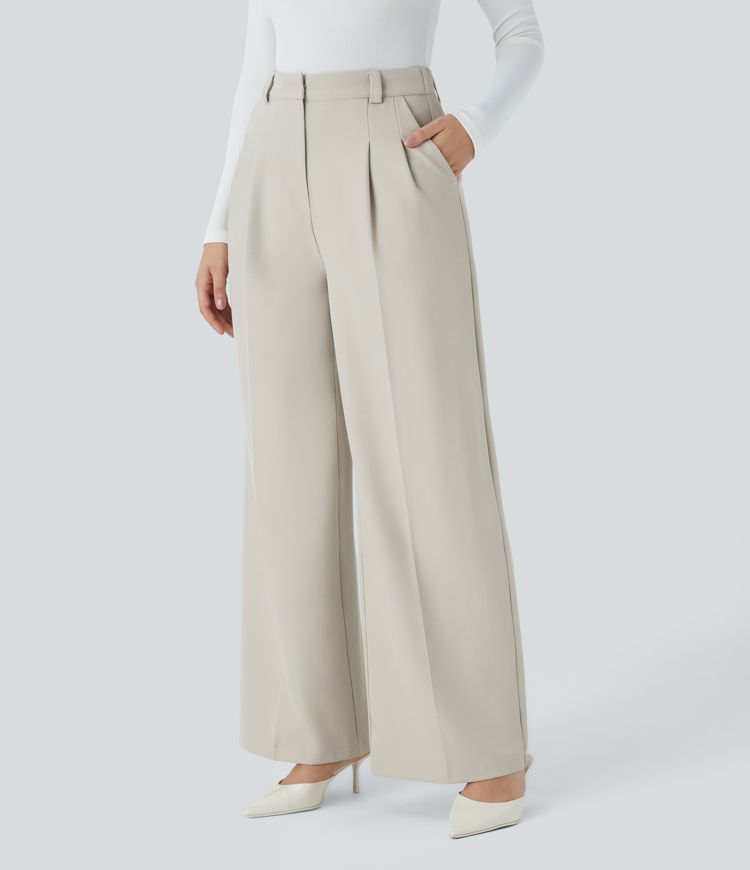 High Waisted Zipper Plicated Side Pocket Wide Leg Work Pants