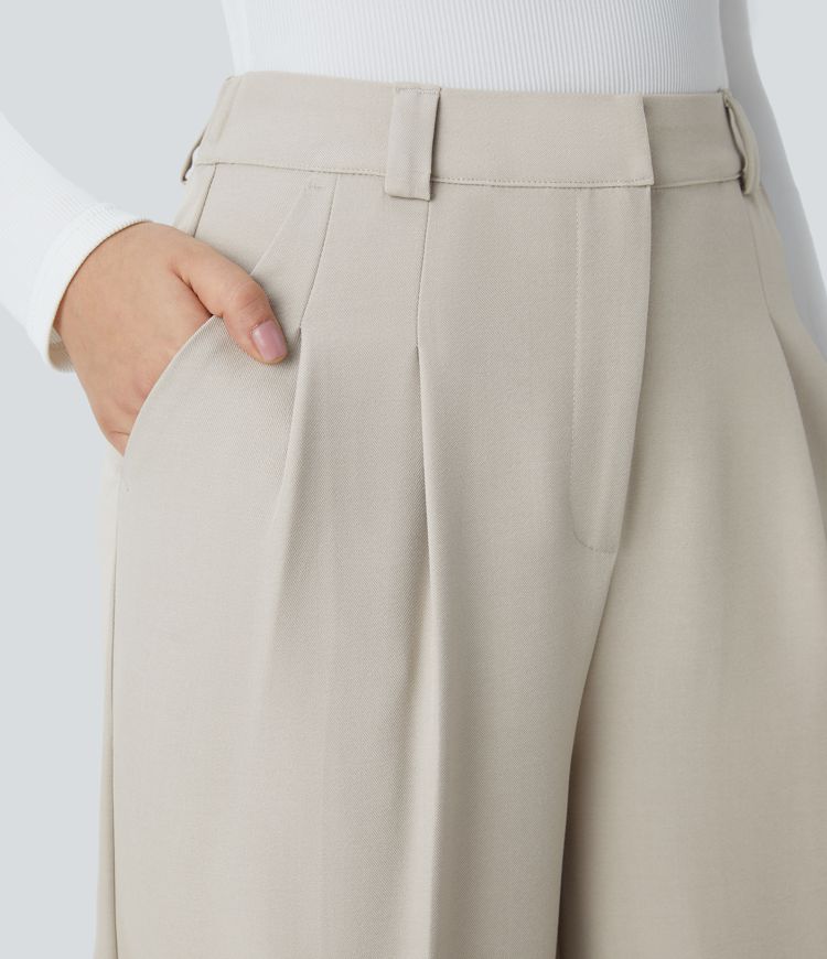 High Waisted Zipper Plicated Side Pocket Wide Leg Work Pants