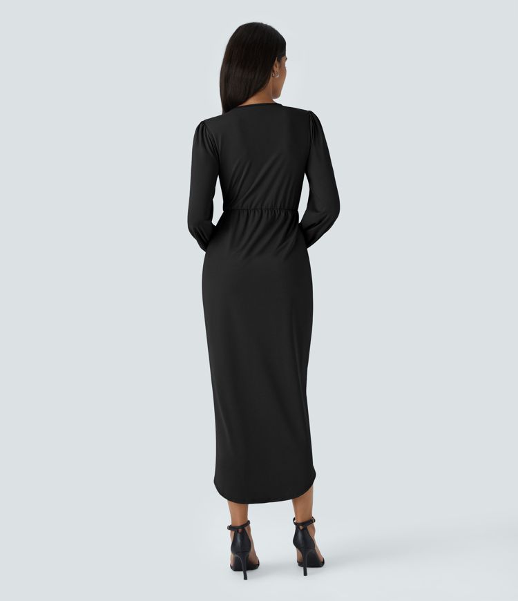 V Neck Long Sleeve Tulip Hem Midi Party Dress