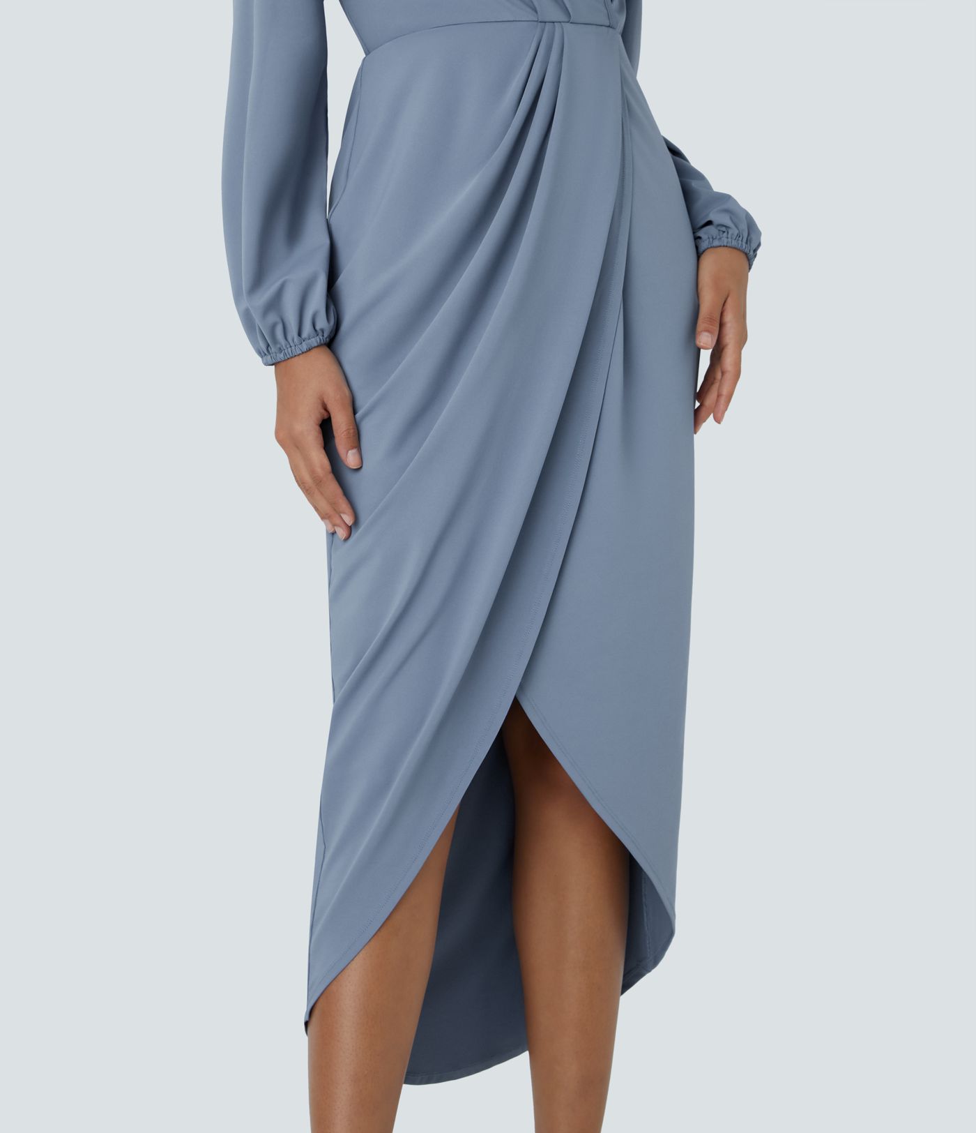 V Neck Long Sleeve Tulip Hem Midi Dress
