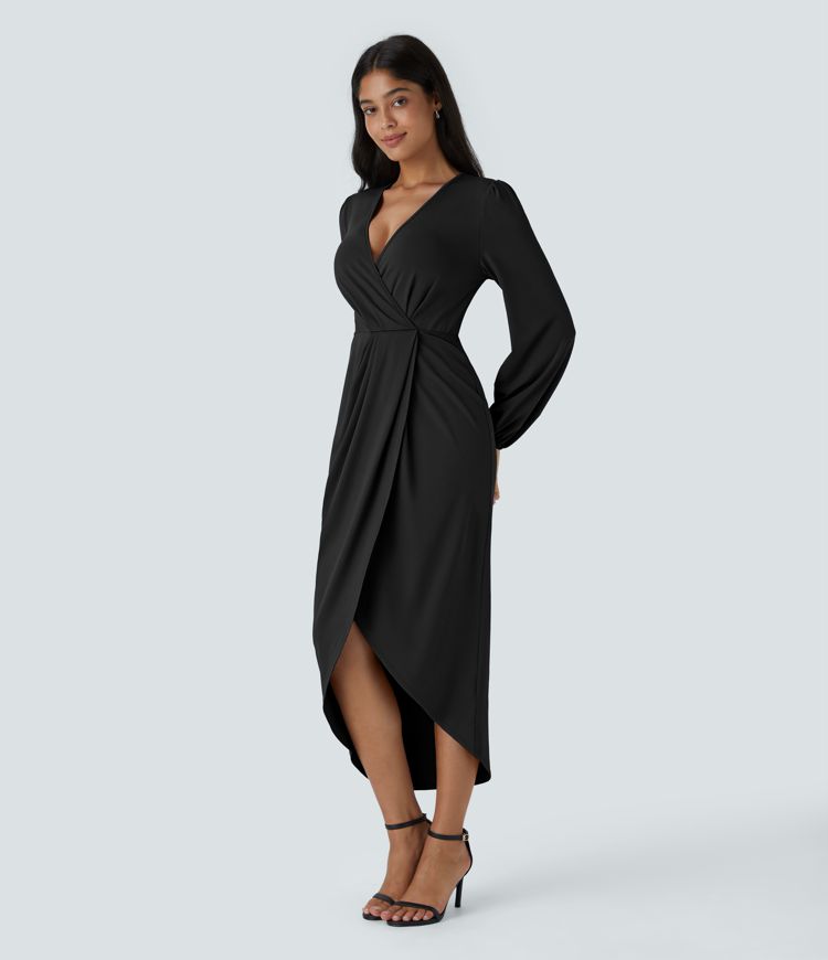 V Neck Long Sleeve Tulip Hem Midi Party Dress