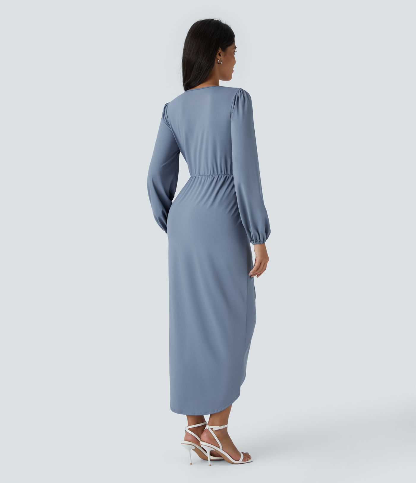 V Neck Long Sleeve Tulip Hem Midi Dress