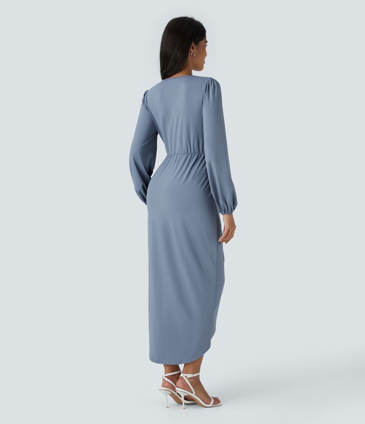 V Neck Long Sleeve Tulip Hem Midi Dress