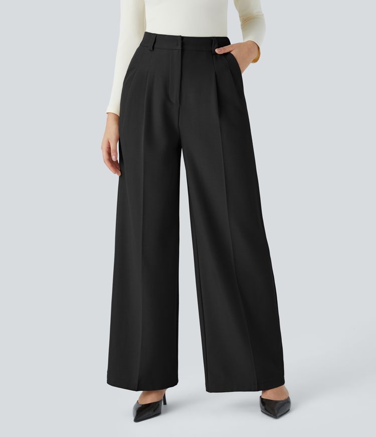 High Waisted Zipper Pocket Wide Leg Work Pants