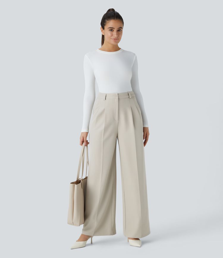 High Waisted Zipper Pocket Wide Leg Work Trousers