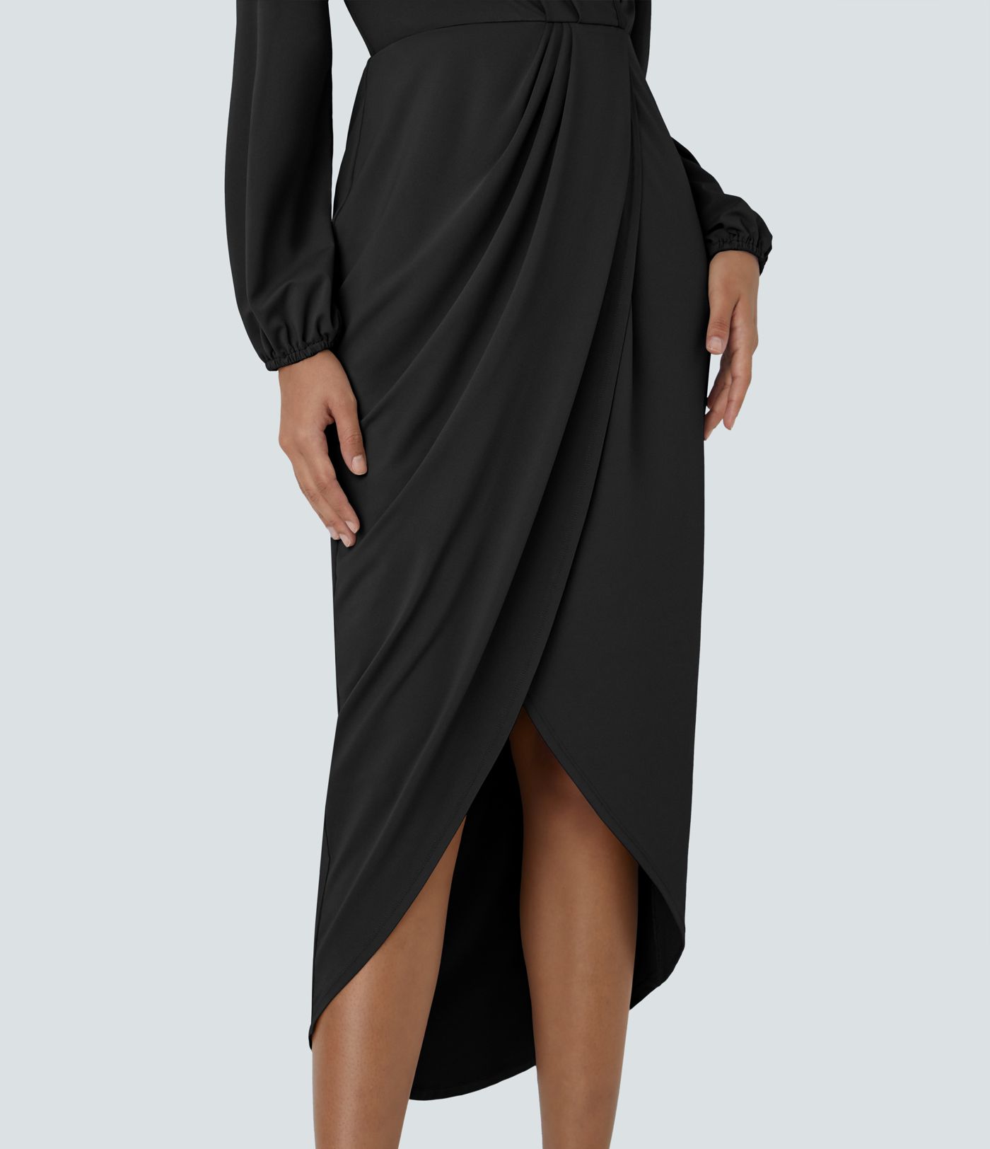 Robe de Soirée Mi-longue à Col V, Manches Longues, Plis et Ourlet Tulipe