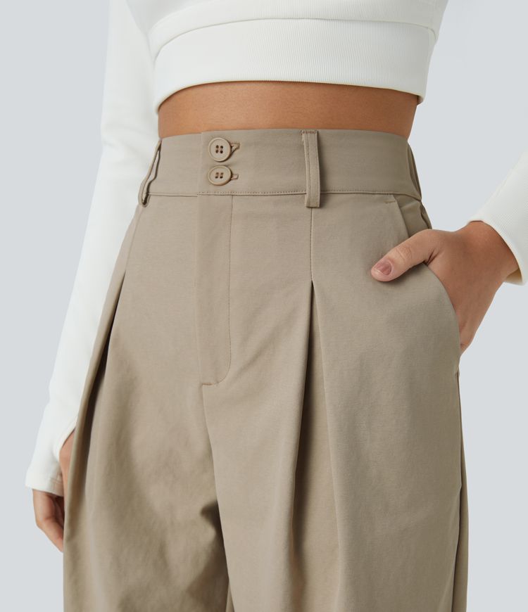 Pantalón chándal tiro alto cremallera botón bolsillo lateral plisado