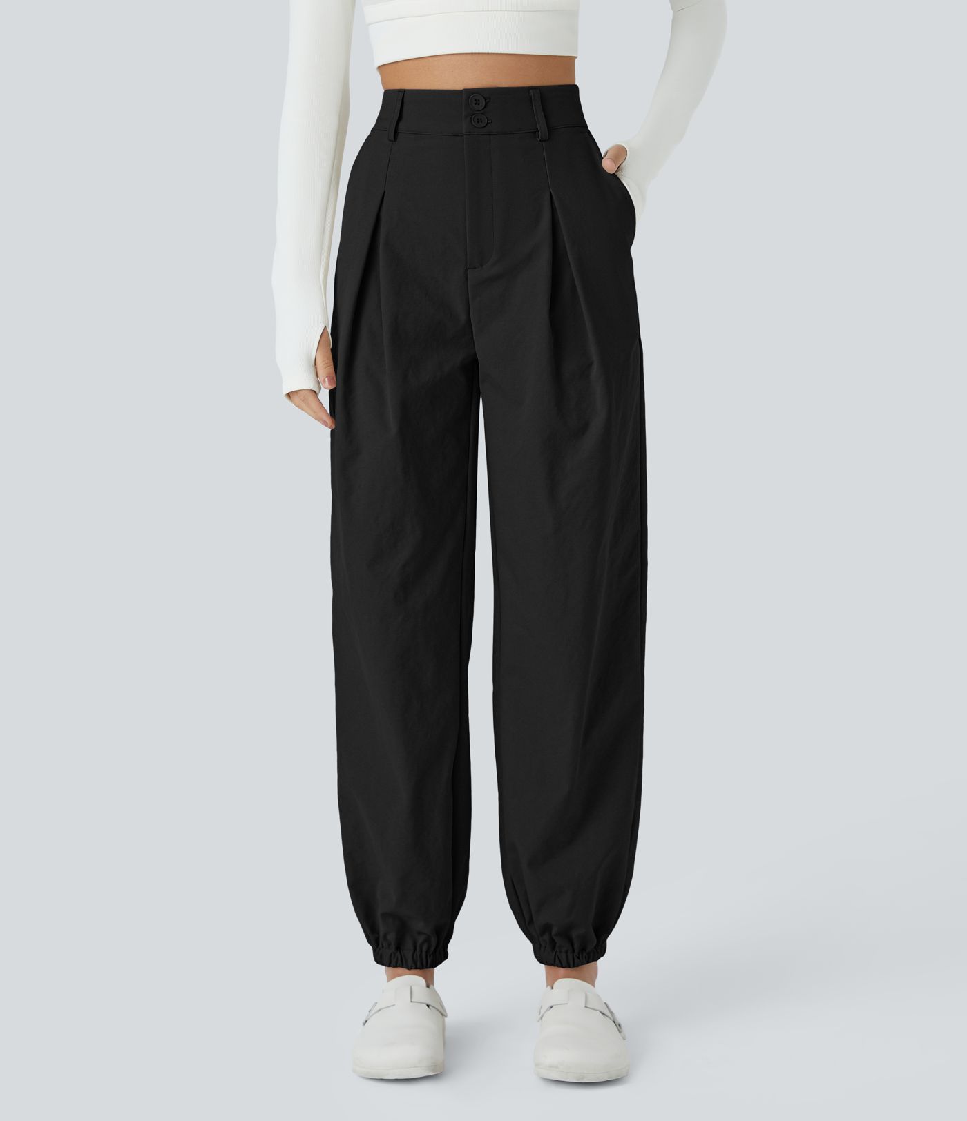 Jogging décontracté en polaire taille haute avec boutons, fermeture éclair, plis et poches latérales